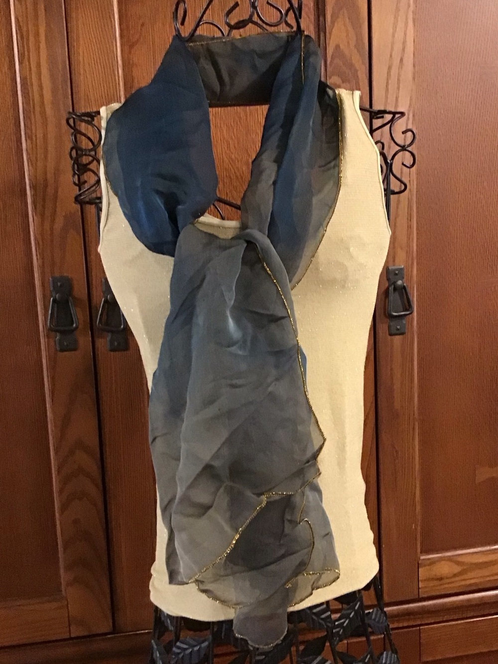 Vintage Alyssa blue and gray scarf with gold metallic thread trim